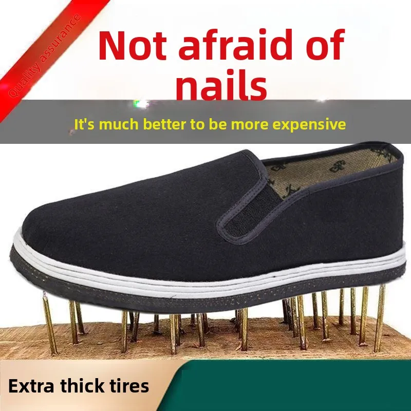 

Мужские рабочие ботинки Beijing с утолщенной подошвой из резины, износостойкие, с мягкой подошвой, без шнурков, черные, для защиты труда, дышащие