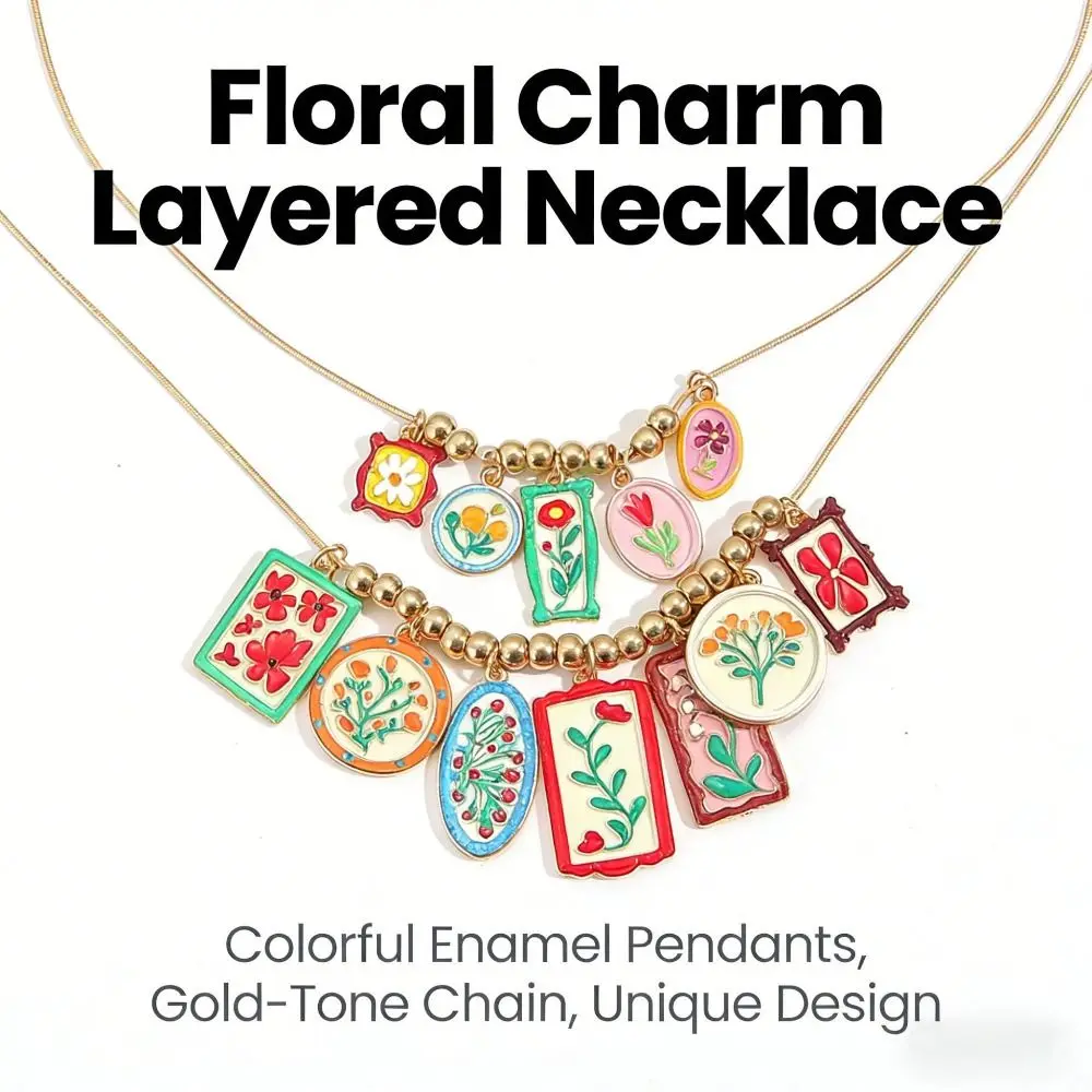 

Metal Chain Enamel Floral Necklace Gold Charm Multi Layer Choker Ethnic Style Personalized Bohemian Collarbone Chain Beach