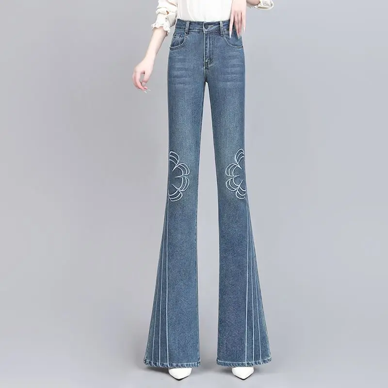 

Women's High Waist Flare Jeans American Retro Embroidered Denim Pants Slim Fit Streetwear Loose Casual Trousers Spring New
