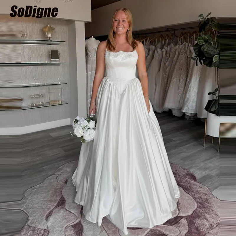 SoDigne A-line Wedding Dresses Sleeveless Satin Pearls Bridal Dress 2026 Church Long Bride Gown Vestidos De Novia Customized