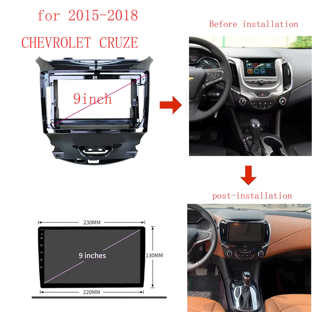 

Автомобильная радио панель 9 дюймов для Chevrolet Cruze 2015 2016 2017 2018 Комплект отделки приборной панели Рамка Панель GPS-навигация Модификация автомобиля