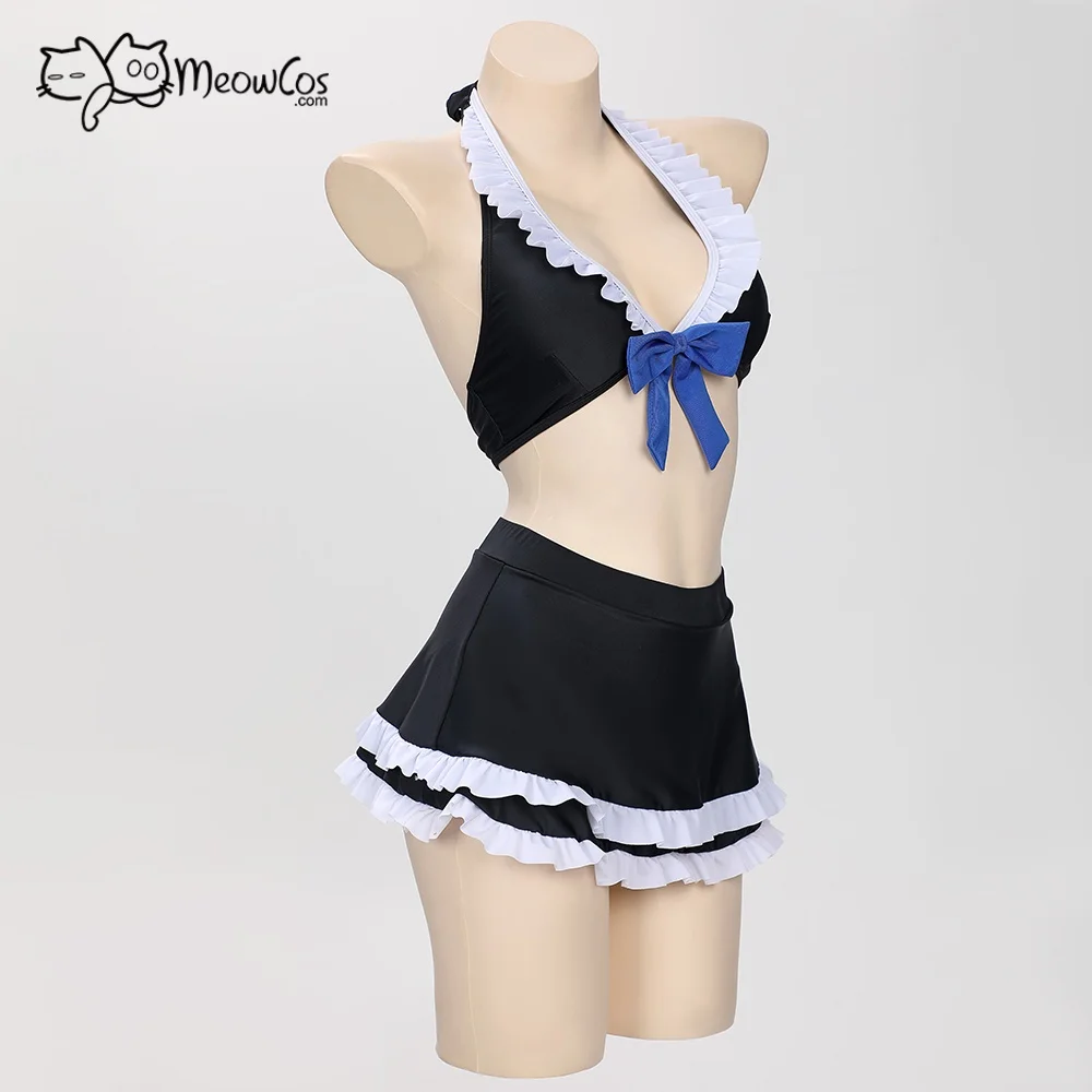 MEOWCOS Women's Gothic Swimwear Set Black Halter Top And Mini Skirt with Striped Stockings