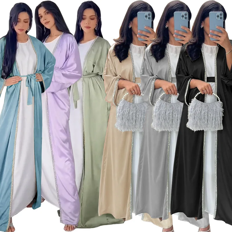 Beaded Islamic Ladies Fashion Long Sleeve Open Abaya Dress Satin Dubai Turkey Ramadan Long  Maxi  2pcs Set Women Muslim Dress