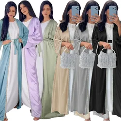 Boncuklu islam bayanlar moda uzun kollu açık Abaya elbise saten Dubai türkiye ramazan uzun Maxi 2 adet Set kadınlar müslüman elbise