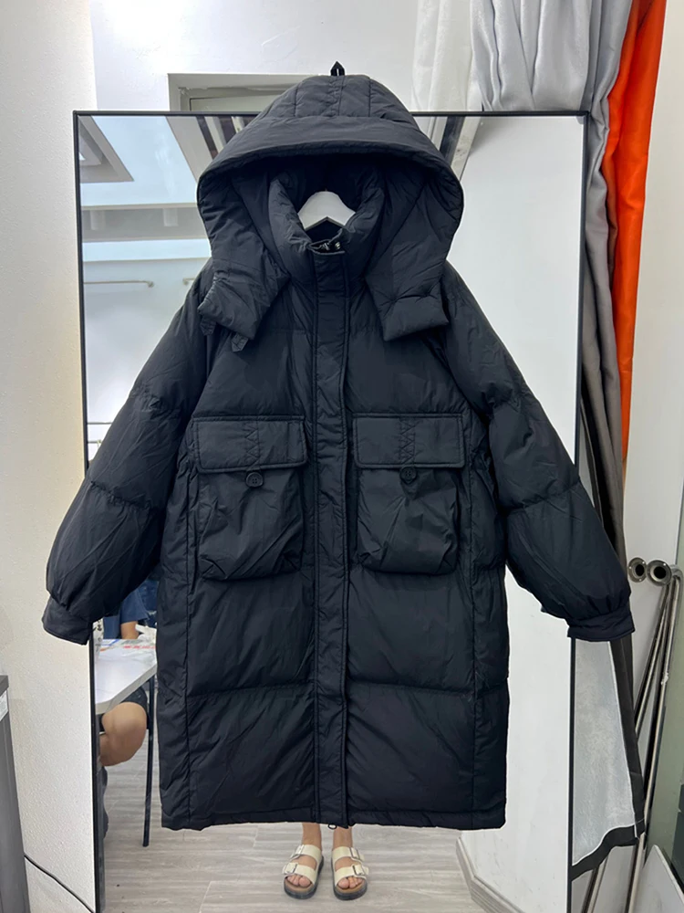 Piumino lungo sopra il ginocchio da donna vestibilità ampia invernale nuova versione coreana addensato versatile casual piumino d'anatra bianco