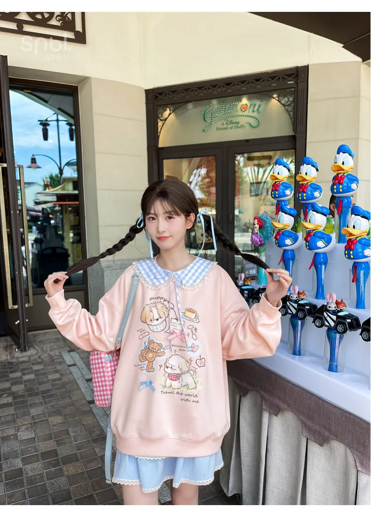 2025 Spring and Autumn New Women's Sweet Cute Cartoon Print Pink Round Neck Pullover Loose Long Sleeve Casual Hoodie