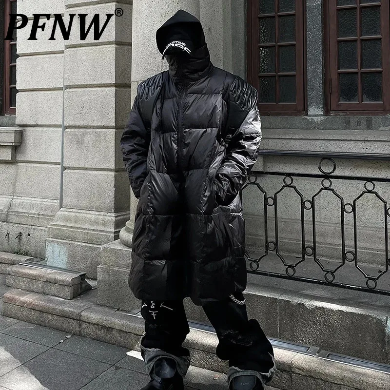 PFNW Niche Stand Collar Oversizeed Warm Long Down Jacket Men's Black Loose High-end Design Oversized Thicked Cotton-padded Coat