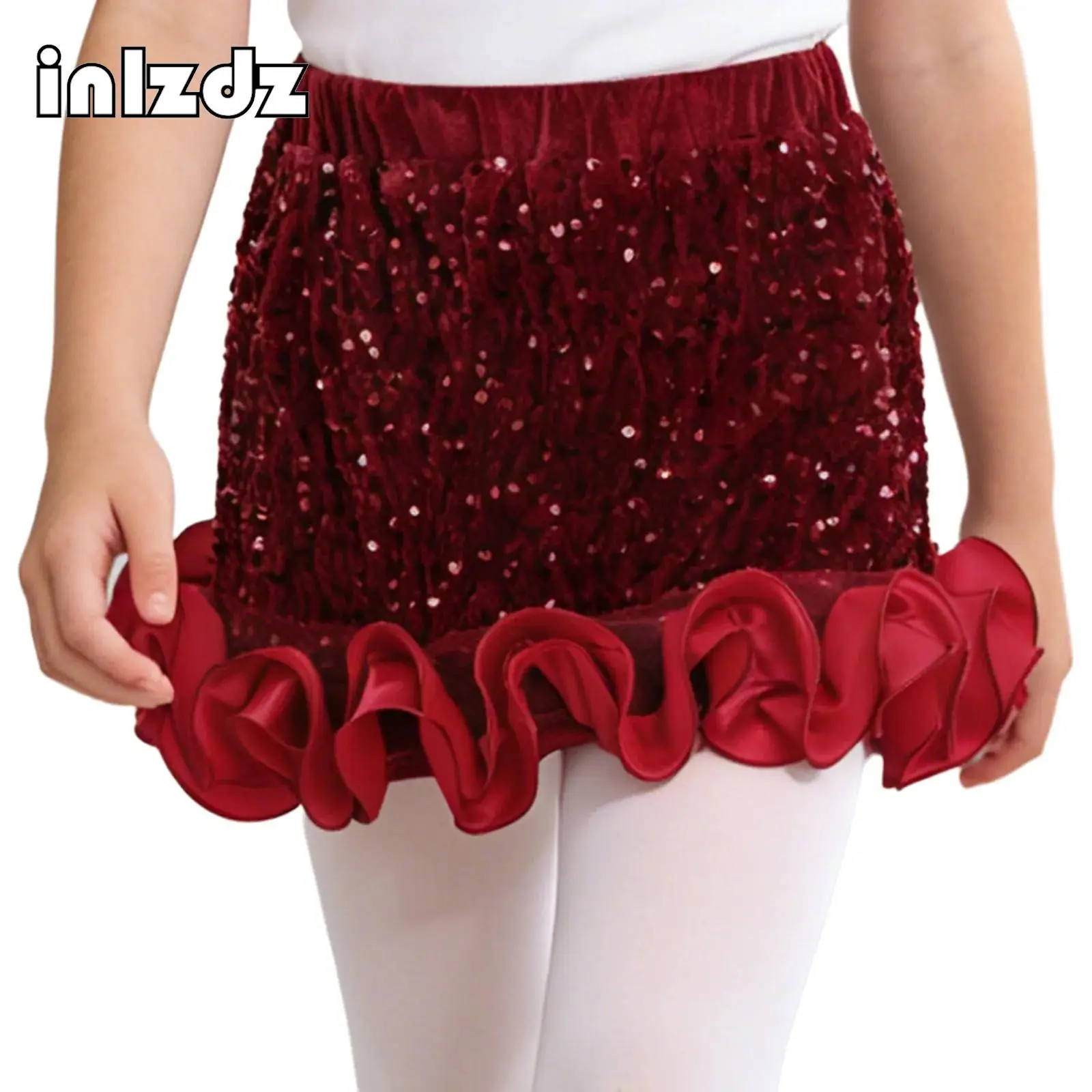 

Kids Girls Sequins Velvet Latin Dance Skirt Chacha Performance Costume Stretchy Skirts with Lining for Holiday Birthday Party