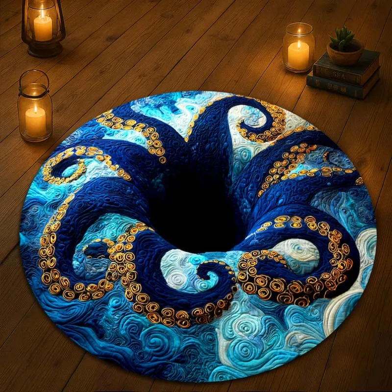 Deep Sea Kraken Illusion Rug, Majestic Blue Tentacles with Gold Suckers Circle Carpet Mysterious Ocean Abyss Themed Floor Art