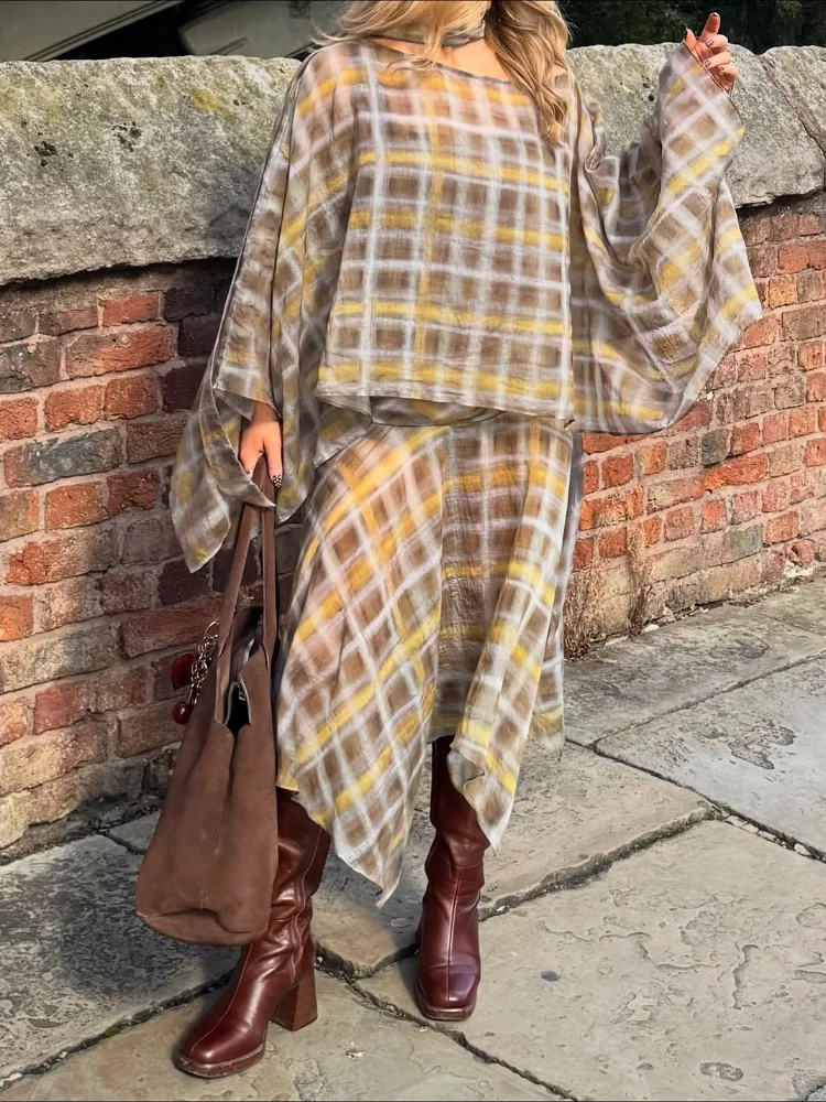 Bufanda a cuadros elegante para mujer, camisa informal que combina con todo con hombros descubiertos, Top holgado con contraste fluido, Tops elegantes para mujer 2025