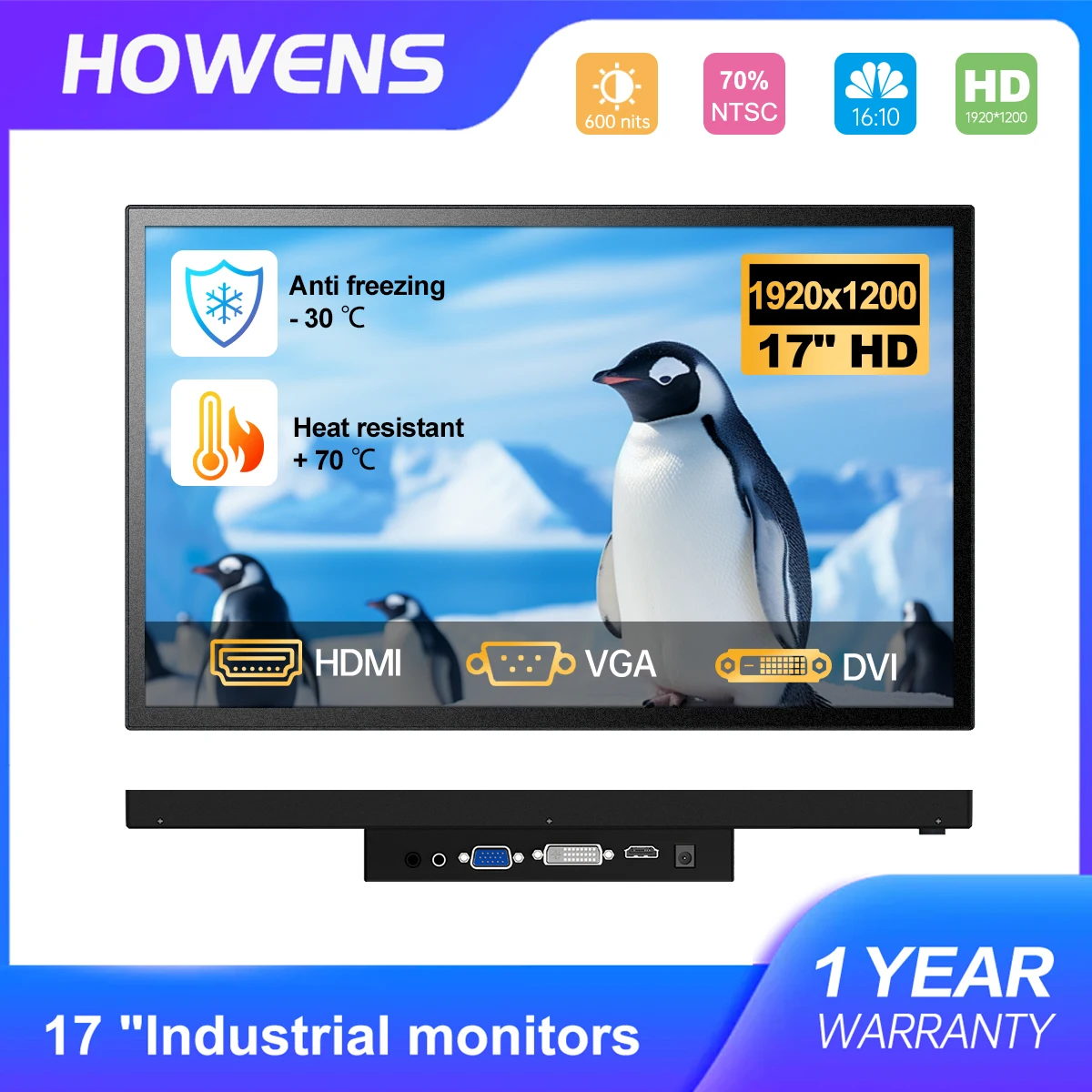 

17" Industrial Monitor 1920×1200 Multiport HDMI VGA DVI For PC TV PS 3 4 5 Laptop PC Mobile Devices Multi Devices Expand Display