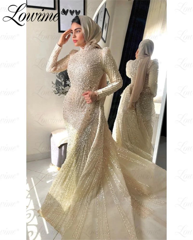 Lowime Luxury Evening Dresses For Women Middle East Muslim 2024 Light Champagne Heavy Pearls Beaded Wedding Party Dress For Prom