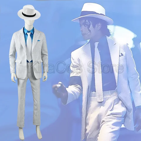 Michael Jackson Cosplay Costume MJ BAD Smooth Criminal Stage Suits White Stripe Suit Pant Hat Set Halloween Carnival