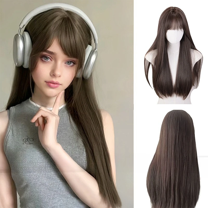 

Fashion wig woman, cold brown, bangs long straight hair, advanced foreign style full head wig