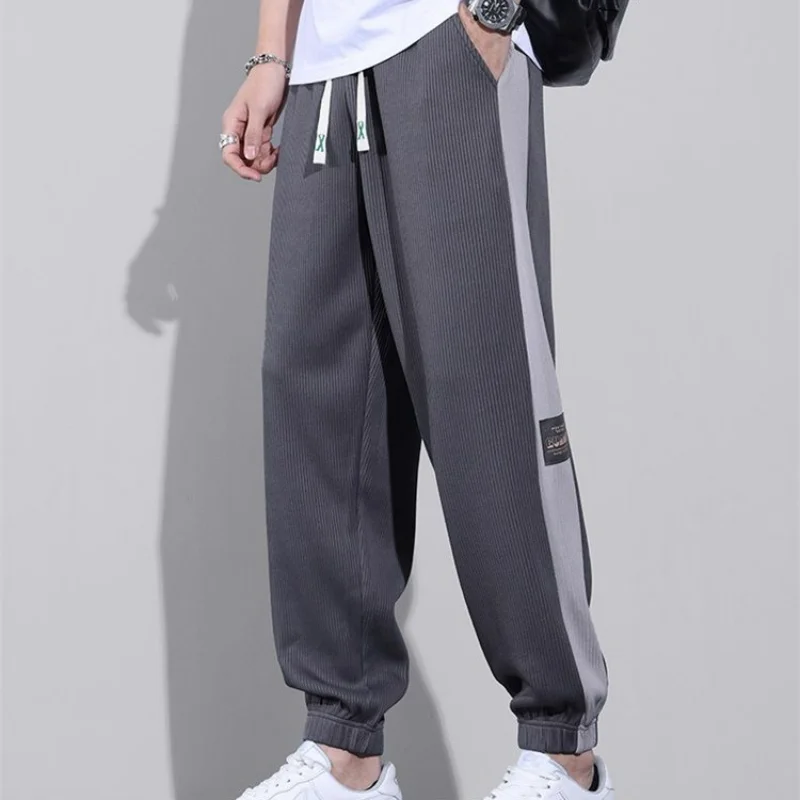 Versatile Street Thin Loose Breathable Sports Casual Pants Men\'s Trendy Pockets Patchwork Contrast Drawstring Straight Trousers