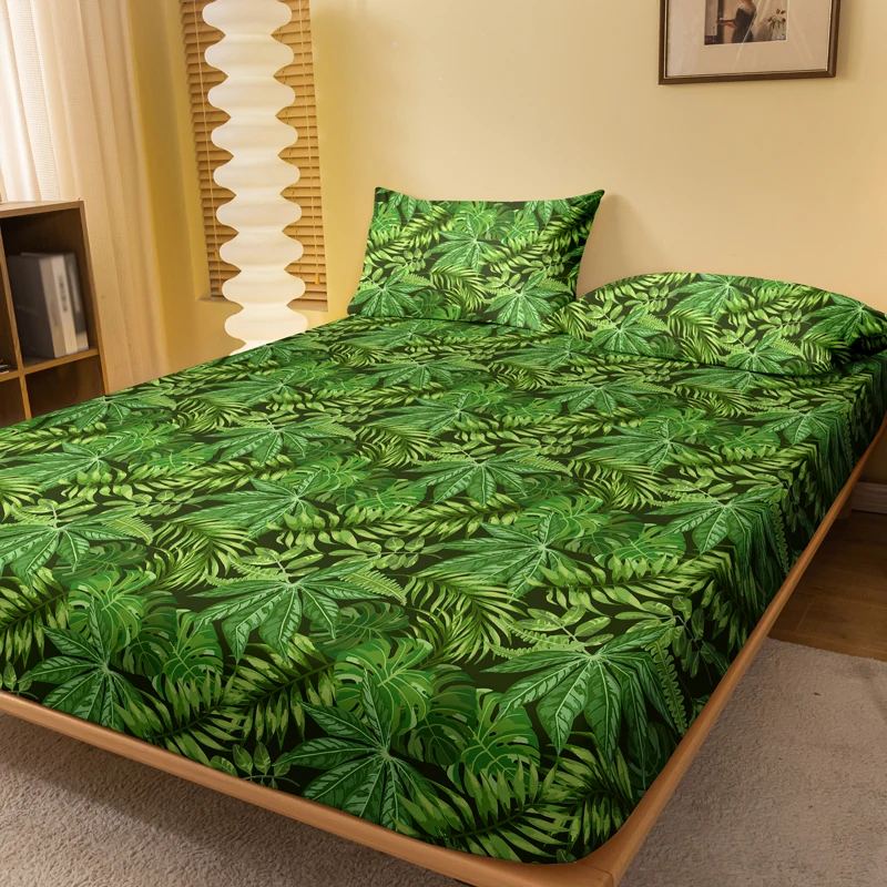 1 Simple Modern Plant Flower  Printed Matte Fitted Sheet, Bedroom Printed Bed Cover, Bedding (Excluding Pillowcases)