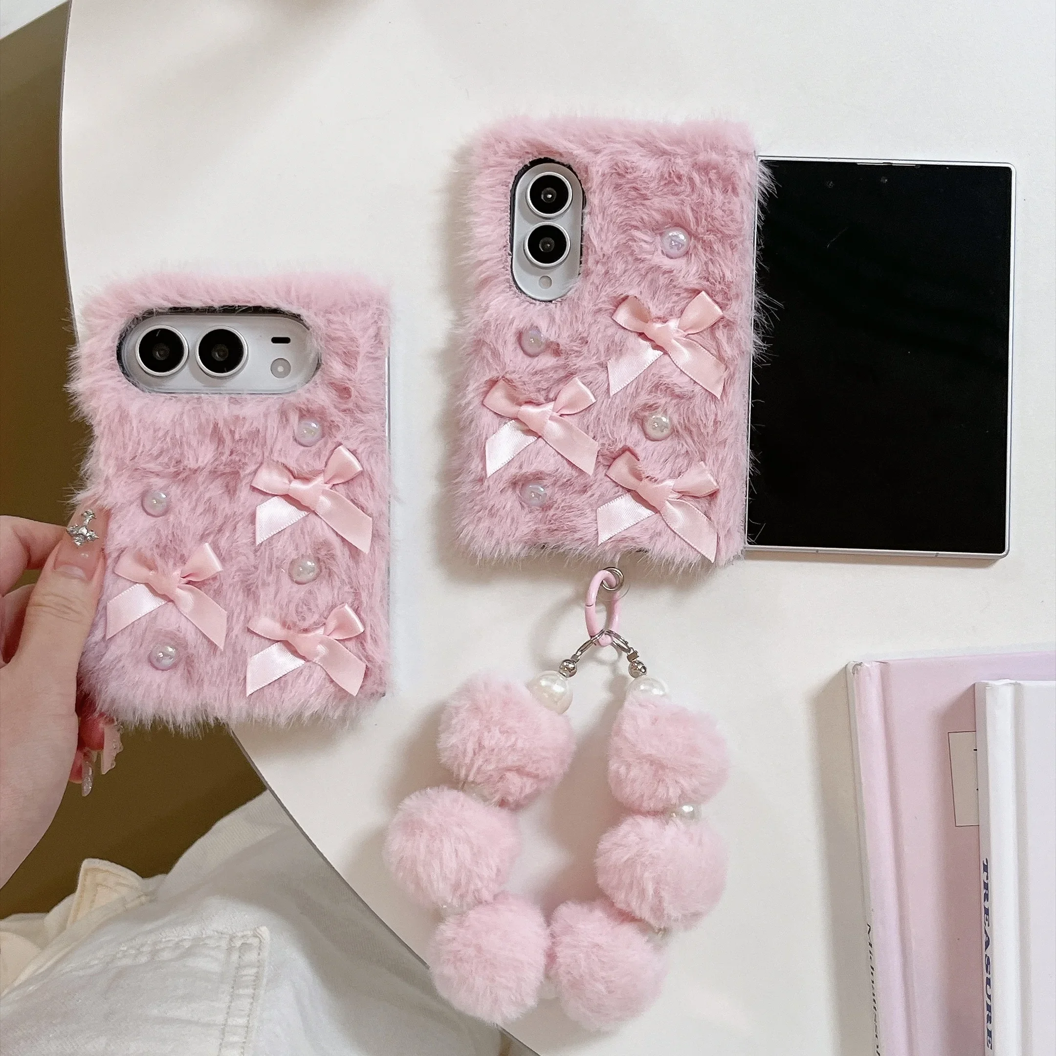 Pink Bowtie Pearl Bracelet Plush Phone Case for iPhone Dou- Cute Furry Cover with Handle Protection