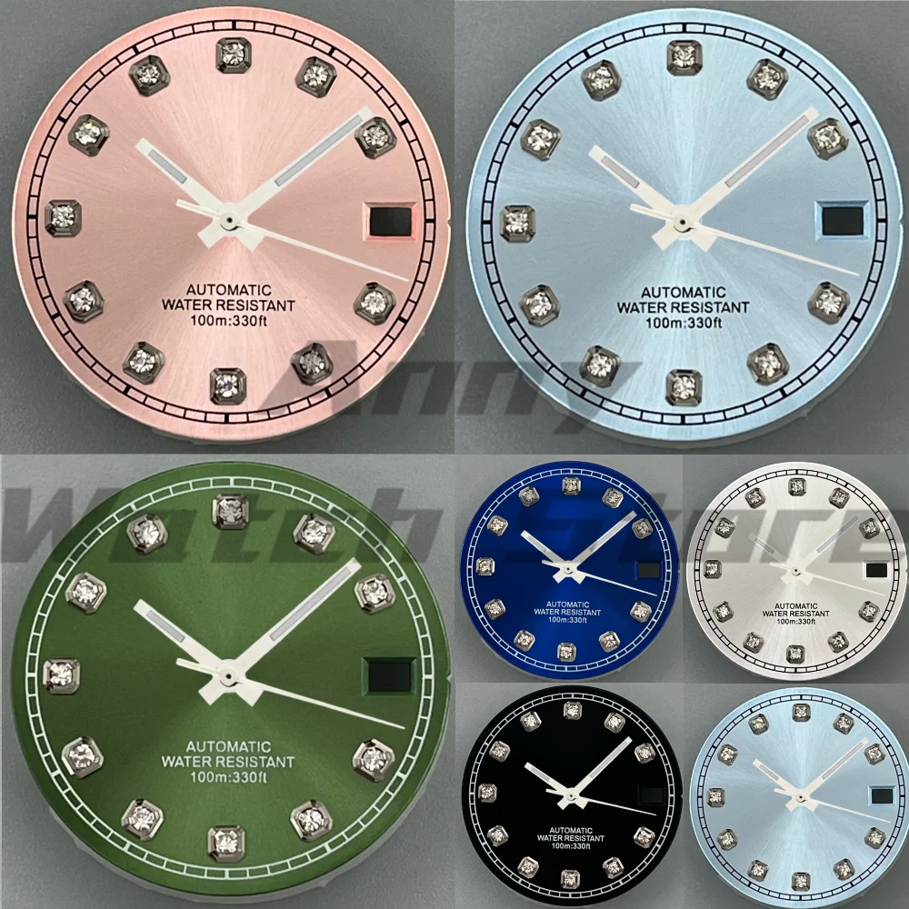 Cadran de montre 29mm, blanc, noir, bleu, rose, vert, avec Index en diamant, Date, adapté au mouvement NH35