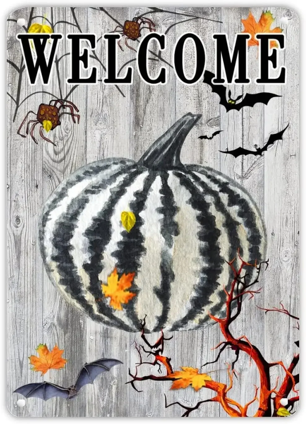 Halloween Welcome Stripe Pumpkin Metal Tin Signs Maple Leaves Spider Web Bat Tin Aluminum Sign Funny Pumpkin Full Moon