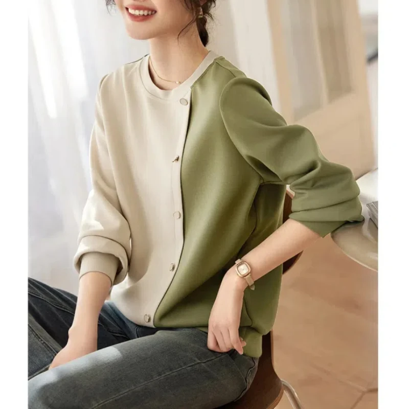 Women\'s Clothing Spring Autumn Round Neck Pullover Button Lantern Long Sleeve Contrast Color Hoodies T-shirt Casual Loose Tops