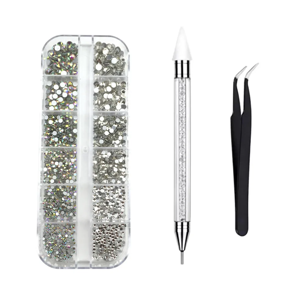 12 grades de cristal ab com parte traseira lisa, brocas com pinça de caneta, faça você mesmo, acessórios de decoração de arte de unha, suprimentos para unhas, caneta pontilhadora