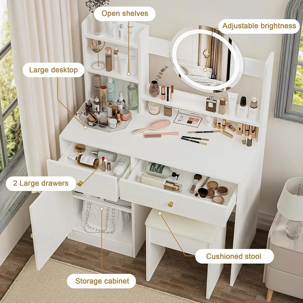Makeup Vanity Desk With Mirror And Lights, Dressing Table Set With 3 Lighting Mode, Makeup Table With Stool