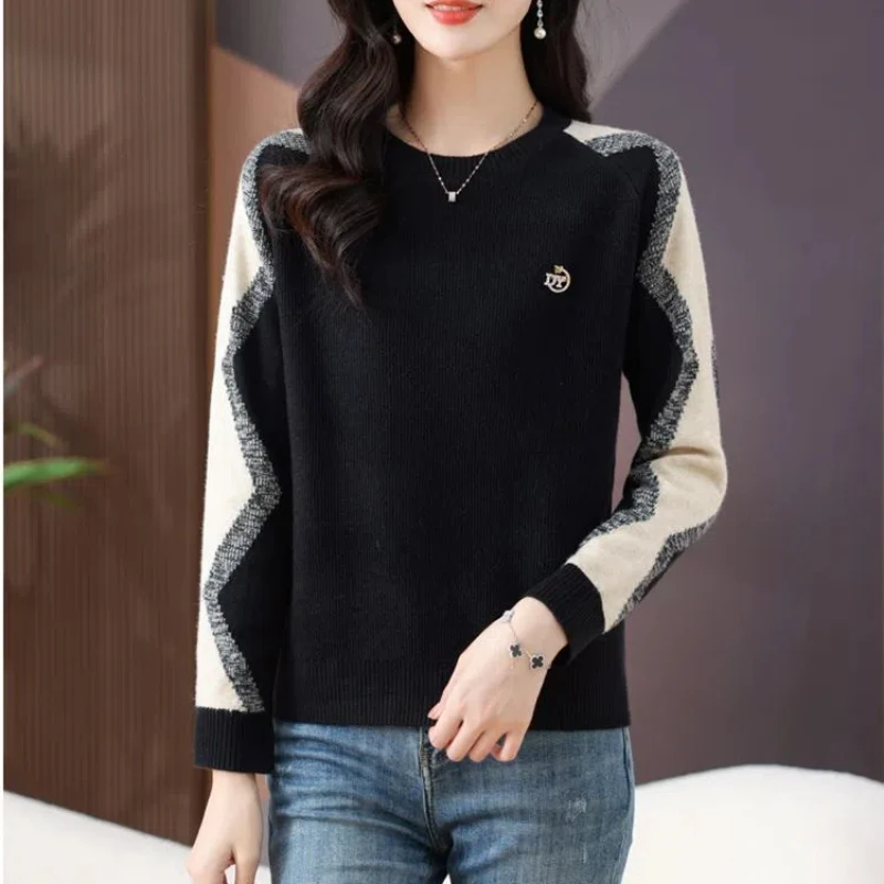 All-match Screw Thread Round Neck Pullover Sweater Knitted Long Sleeve Autumn Winter Women's Clothing Contrast Color Tops