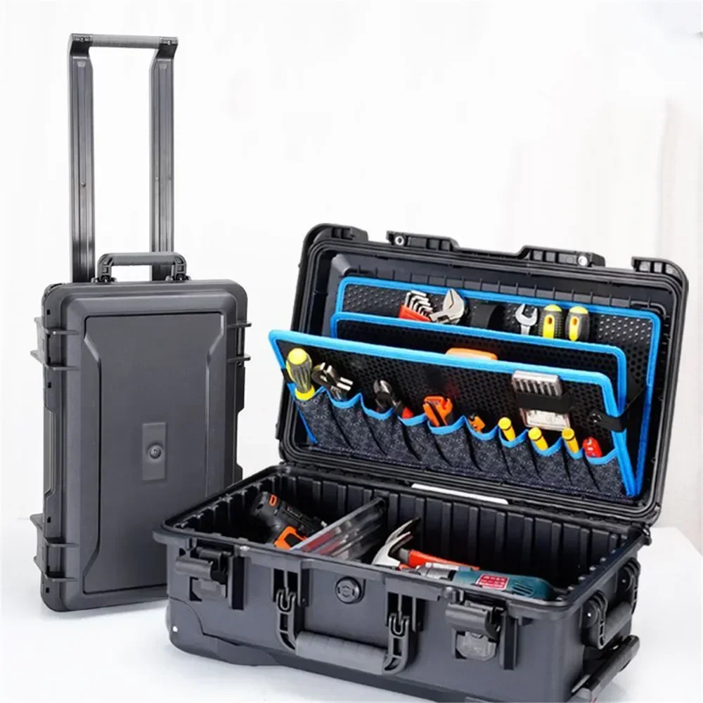 Tool Box Outdoor Hard Case with Trolley Pocket Boards Wheel Electrician Tools Chest Organizers Electric Drill Garage Storage