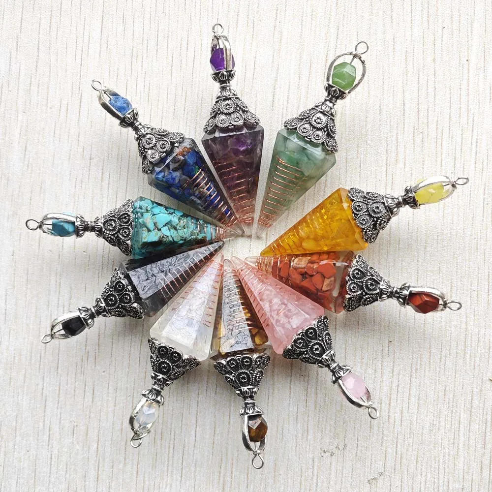 Fashion Natural gravel stone resin Hexagonal Pyramid Pendants For DIY jewelry accessories making Wholesale 10pcs fast shipping