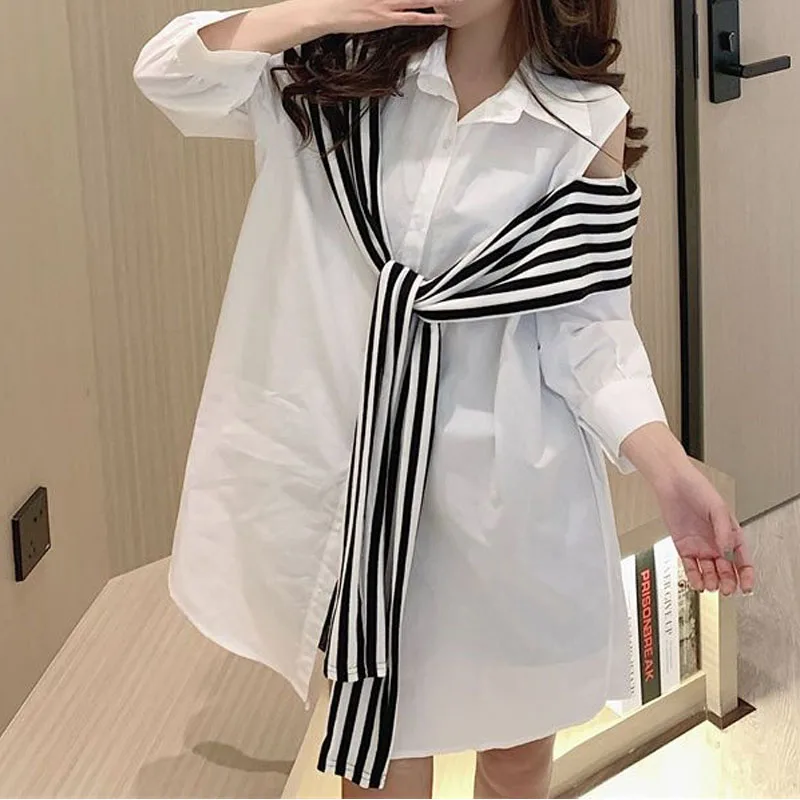 Korean Stylish Female Off Shoulder Spliced Solid Color Shirt Summer Striped Fake Two Pieces Casual Loose Blouse Women\'s Clothing