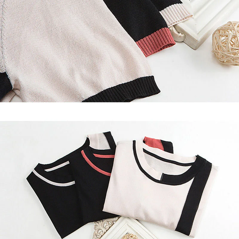 Contrasted Colors Summer Tshirts Women Patchwork Short Sleeve Thin Knitted Tops Elegant Oversized Loose Pullover O-neck Tee