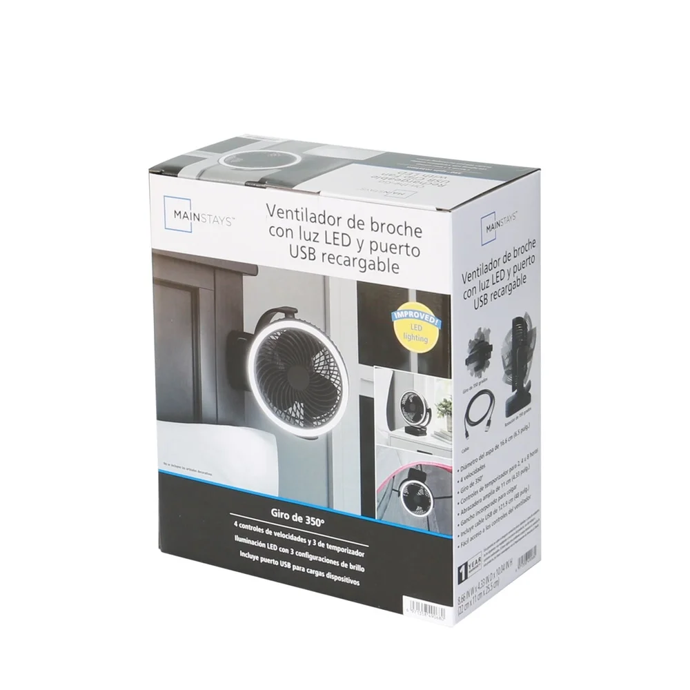 مروحة طاولة بمشبك USB قابلة لإعادة الشحن مع ضوء LED و4 إعدادات للسرعة 350 °   دوران 3 إعدادات للمؤقت للاستخدام الداخلي والخارجي
