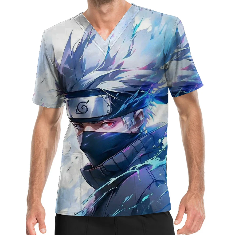 V-Neck Print Scrub Top Work Clothes Naruto Kakashi Printed Pattern Men's Florist Hospital Doctor Nurse Work Clothes