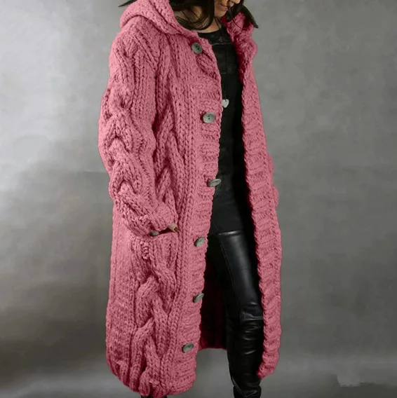 Damenpullover, neuer lässiger, lockerer, europäisch-amerikanischer Mode-Cardigan mit Umlegekragen, gestrickter langer Mantel, Pullovermantel in großen Größen – Detail 29