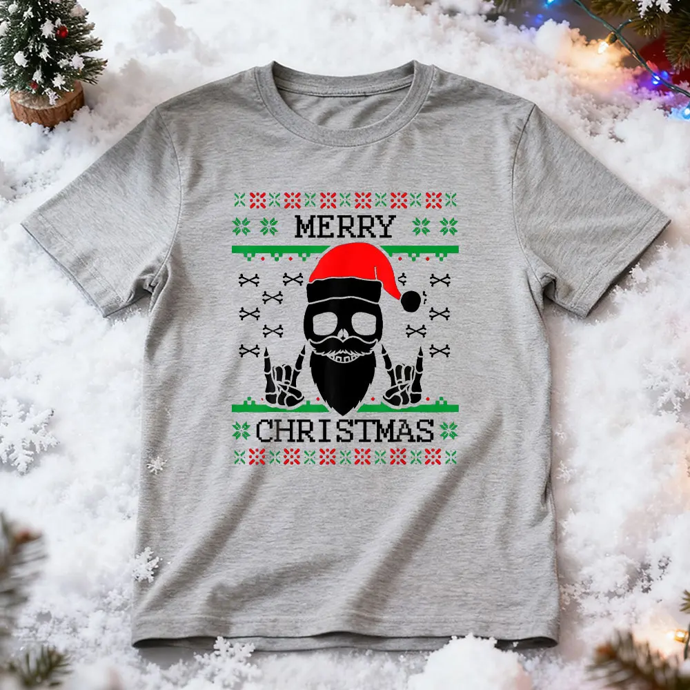 ゴシック クリスマス アグリー スカル ロック クリスマス Tシャツ ゴシックスタイル サンタクロース グラフィック プリント メンズ 半袖 ストリートウェア Tシャツ