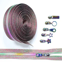 No.5 Rainbow Zipper  4 yards zipper tape with 5 rainbow zipper pullers nylon colored teeth for sewing DIY zippers