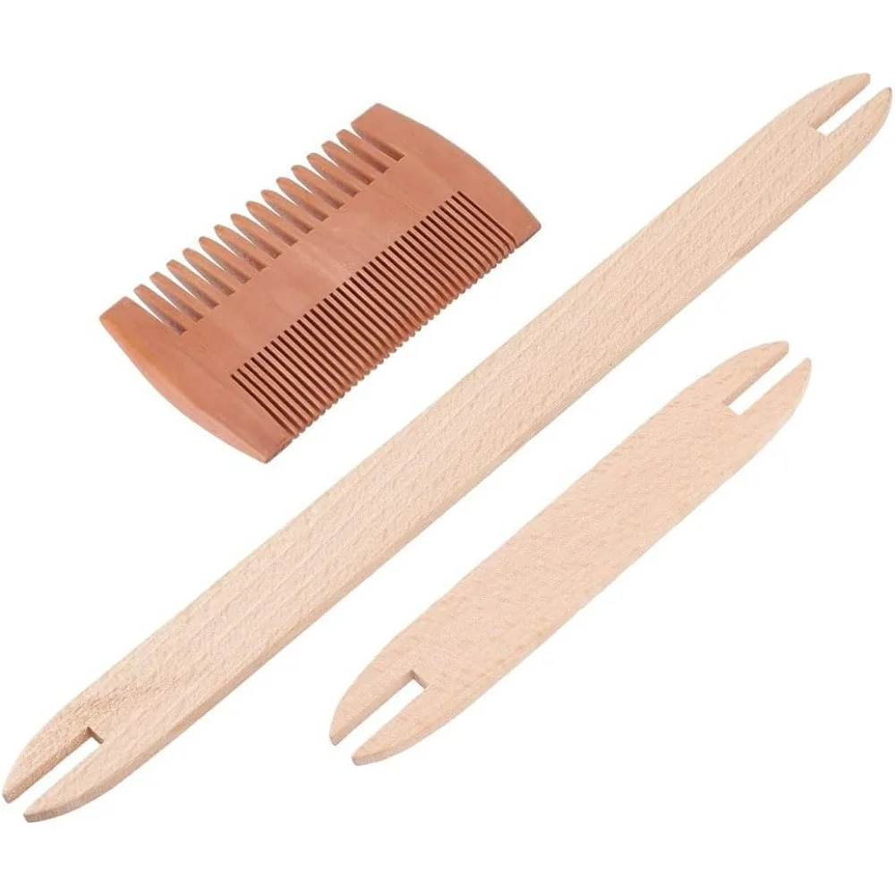 Weaving Tool Kit Including 2 Pcs Wood Knitting Looms Shuttle and 1 Pc Wood Weaving Comb Loom Machine Accessories for Mixed Color