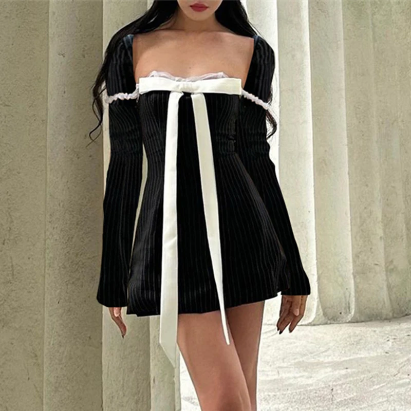 Xeemilo Elegant Bow Patchwork Long Sleeve Dress Retro Square-neck Lace Stitch Bodycon Mini Dresses 2023 Evening Party Vestidos