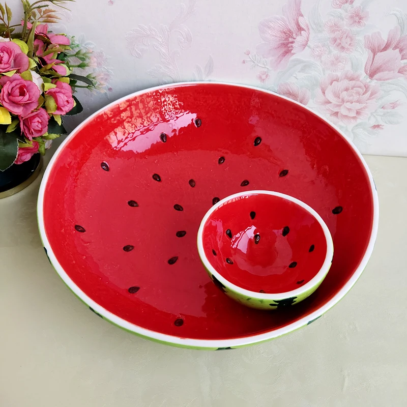 

Ceramic Plate Cute Dessert Plate Underglaze Painting Watermelon Dumpling Plate Fruit Deep It Can Hold Seafood Household Use