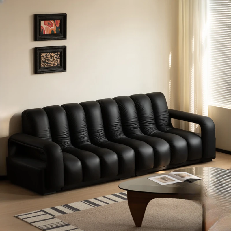 Genuine leather sofa, straight row piano key combination, black living room, small unit, Italian minimalist modern luxury sofa