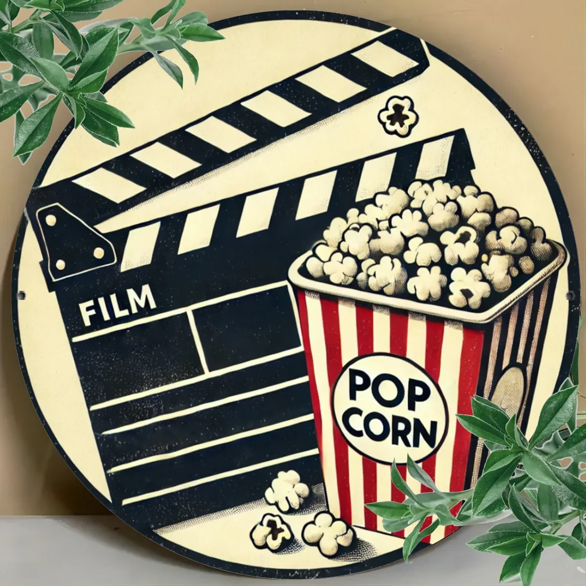 Vintage Round Metal Tin Sign Popcorn Film Clapperboard Retro Wall Plaque Home Theater Cinema Movie Room Bar Wall Decor Sign