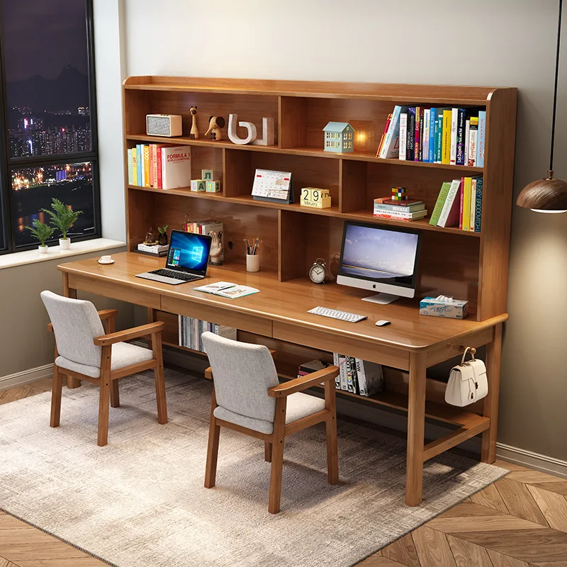 

Solid wood dual three person desk, bookshelf, integrated computer desk, home bedroom, children's study desk, strip writing desk