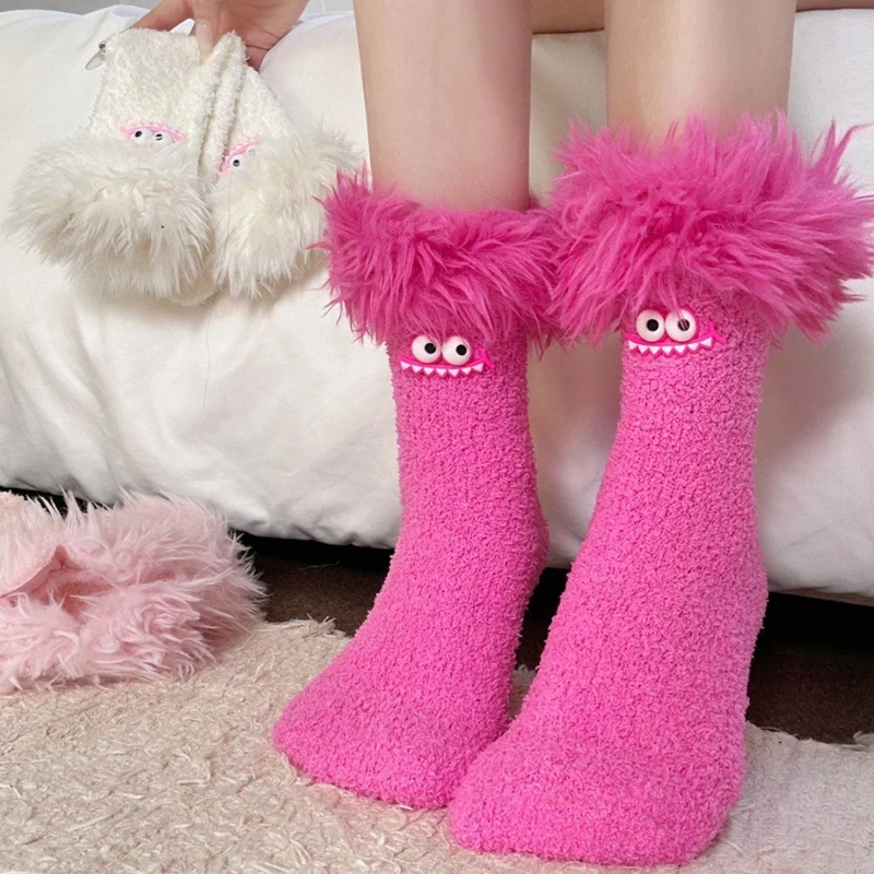 

Crazy Big Mouth Monster Plush Socks Thickened Coral Fleece Cartoon Sleep Socks Winter Warm Soft Home Socks for Women Girls