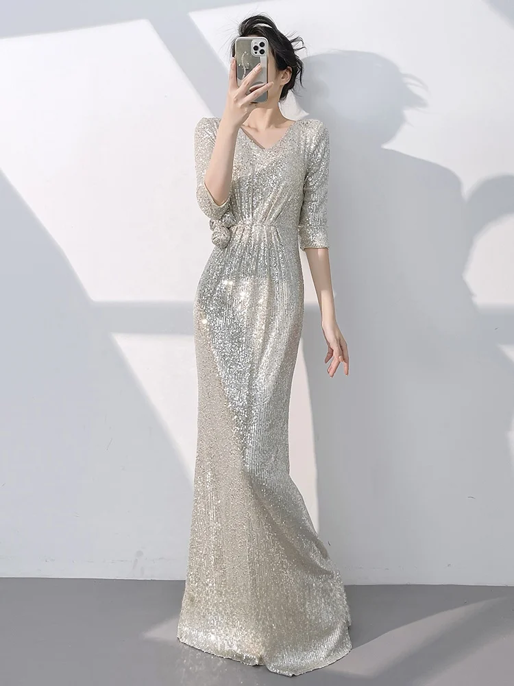 

Champagne Color Evening Gown Women's High-End Sensation Luxury Long Sve Fi Tail Sequin Dr for Annual Conference Host