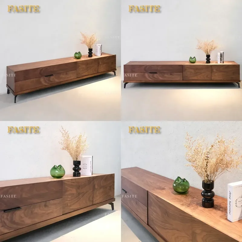 For North American Black Walnut TV Cabinet  Solid Wood Media Console with Drawers Wrought Iron Legs Floating