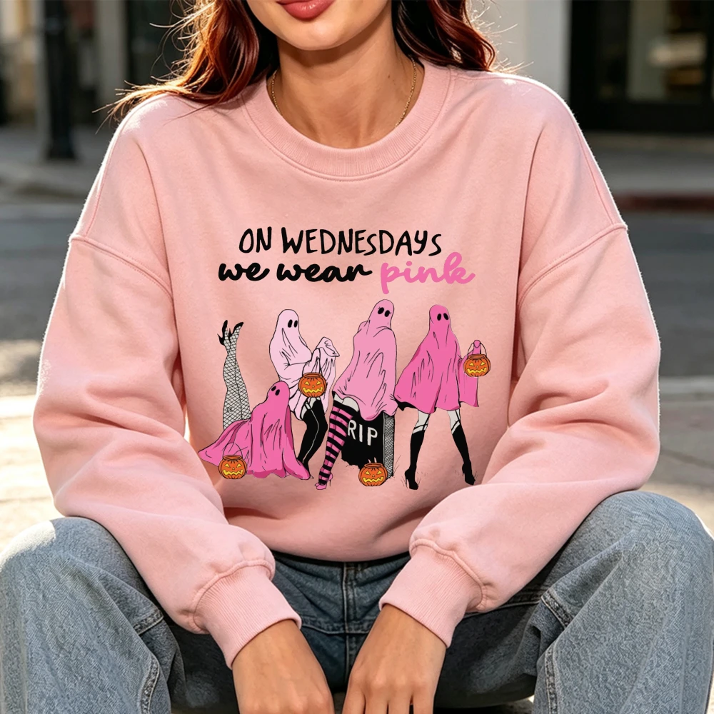 On Wednesdays We Wear Pink Ghost Halloween Print Ladies Crew Neck Sweatshirt Breast Cancer Awareness Long Sleeve Fashion Apparel view 3