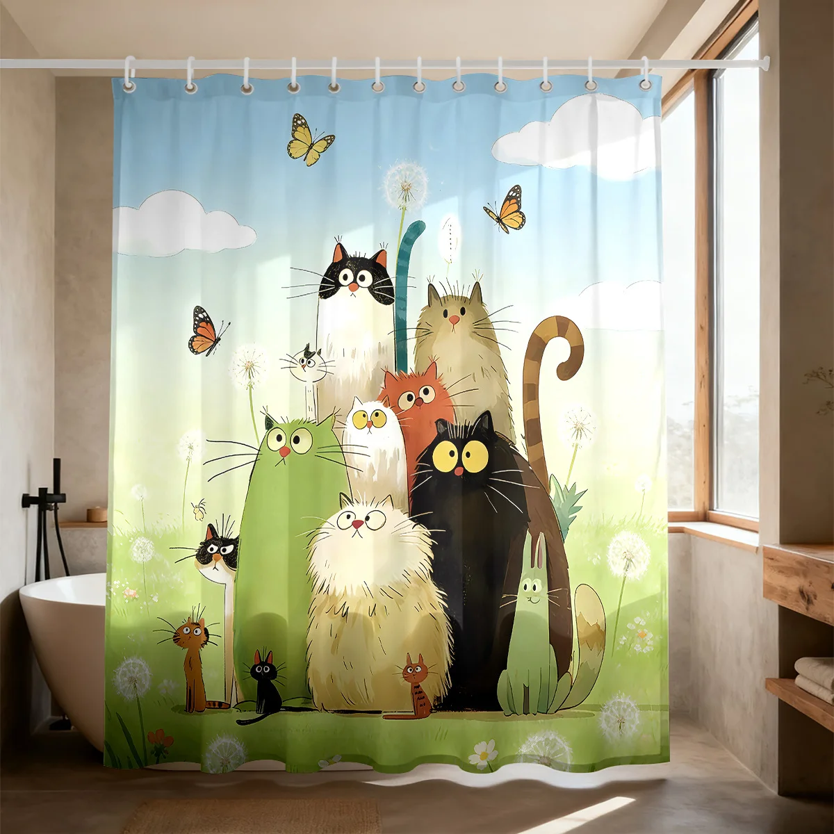 Cute Cartoon Cat Shower Curtain Polyester Waterproof Digital Printing Fluffy Kitten Family On Green Grass Field Dandelions
