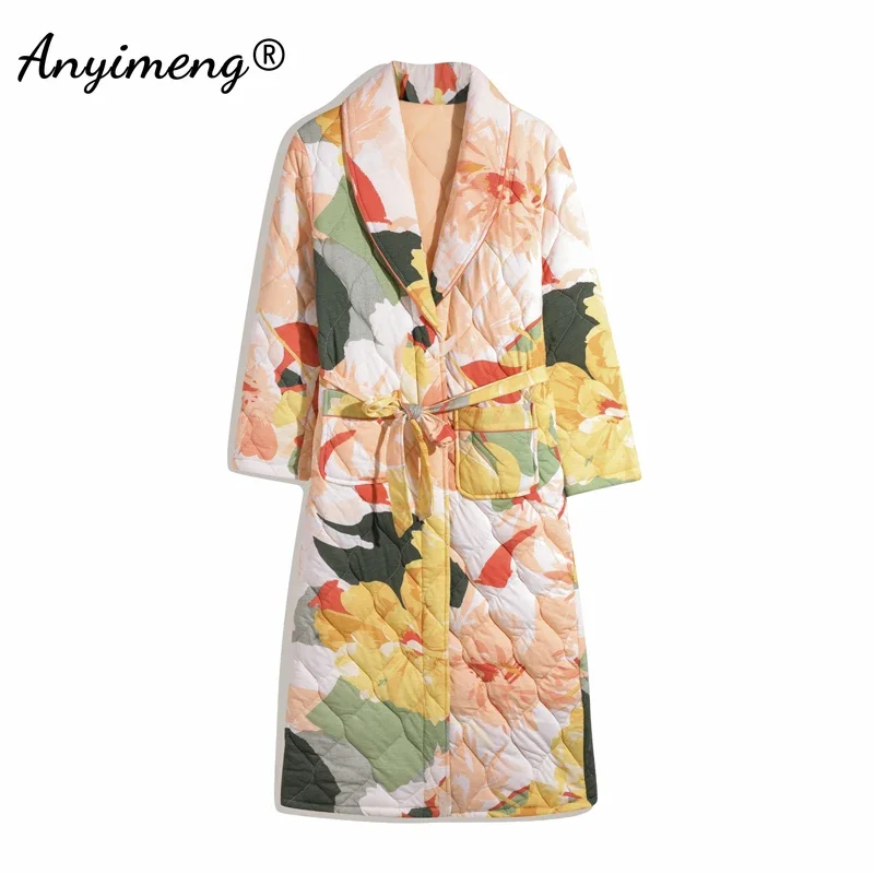 Thick Winter Home Coat Air 3 Layer Padded Knitted Cotton Bathrobe Warm Kimono Floral Printing Big Size Women\'s Bathrobe Robe New