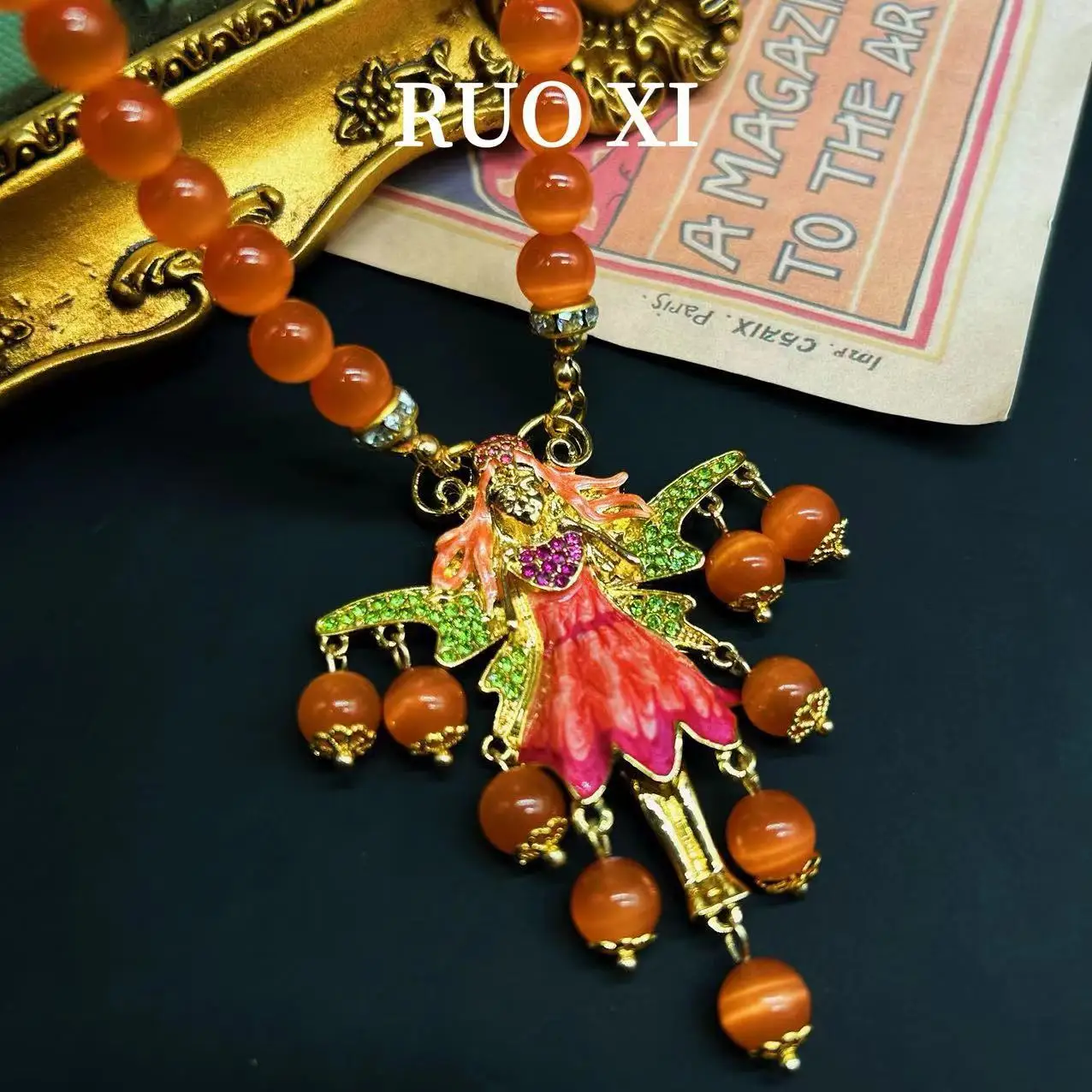 تشينغداو خمر الملاك شرابة Glze KF قزم حجر الراين البرتقال قلادة القرون الوسطى المتخصصة الأزياء قلادة للنساء #3
