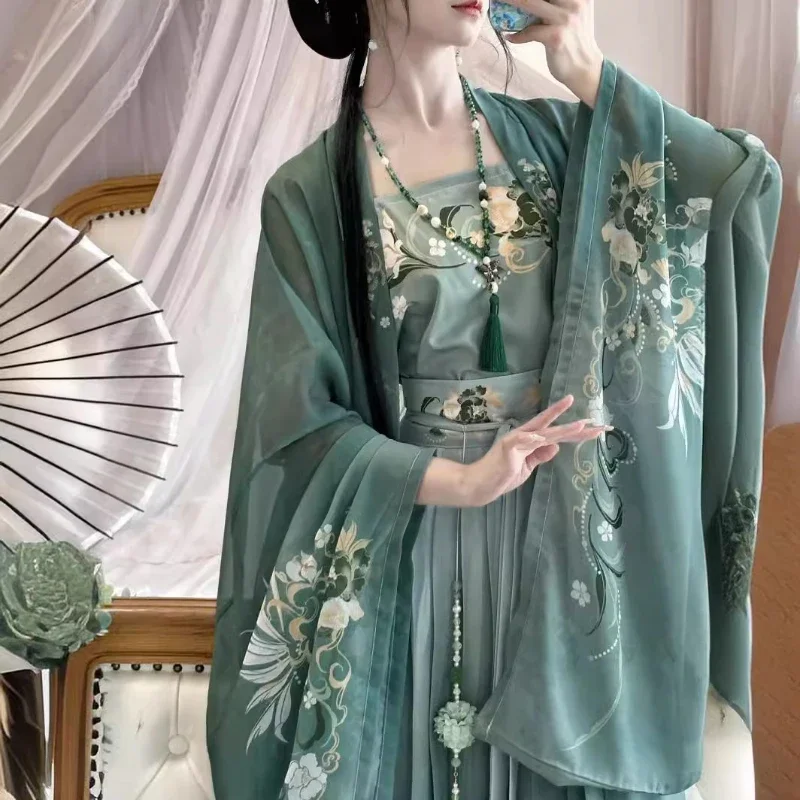 Hanfu Dress Women Chinese Traditional Vintage Hanfu Female Halloween Cosplay Costume Printed Hanfu Green 3pcs Sets Plus Size XL